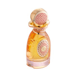 Amber perfume bottle with a gold-toned cap and wavy collar. Pink patterned inserts on the cap and a central emblem with pink