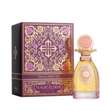 Dark purple box with gold-toned ornate patterns and pink roses. Clear amber perfume bottle with a gold-toned cap and coral-pi