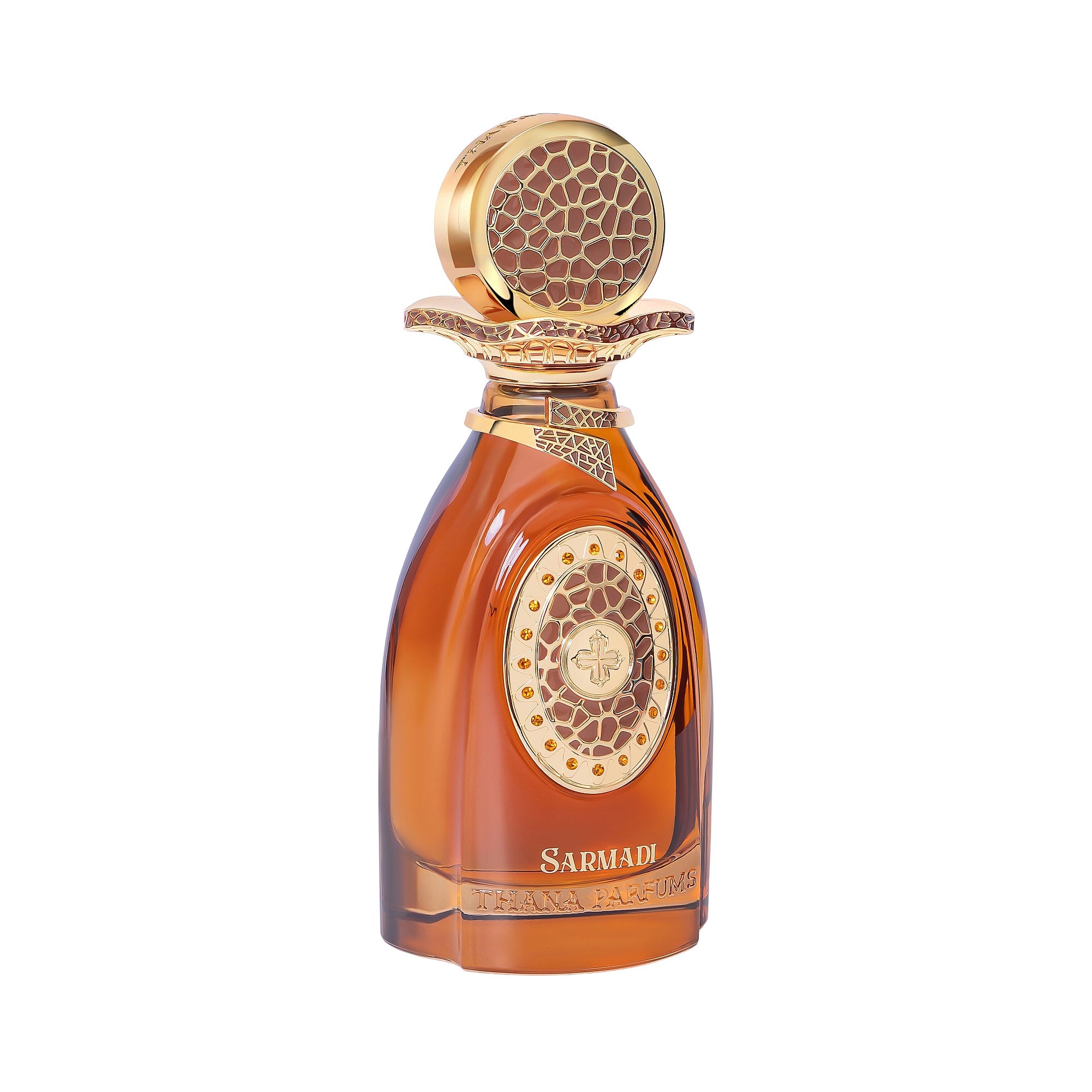 Amber glass perfume bottle with a gold-toned cap and ornate medallion. The cap and medallion have brown textured patterns and