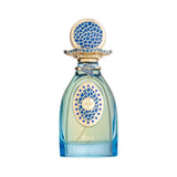 Thana Parfums Eiha EDP 100ml perfume bottle with blue-tinted glass, light green liquid, gold-toned cap, and blue mosaic ename
