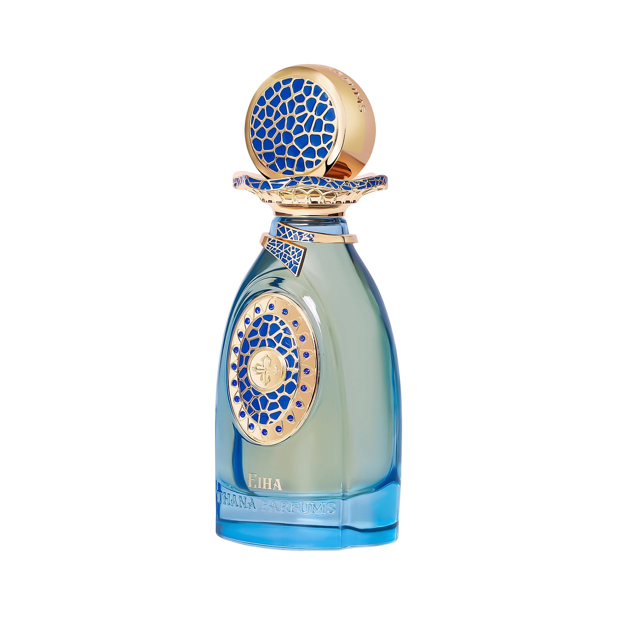 Ombre blue glass perfume bottle with a gold-toned cap and base, featuring intricate blue geometric patterns on the cap and fr