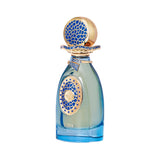 Ombre blue glass perfume bottle with a gold-toned cap and base, featuring intricate blue geometric patterns on the cap and fr