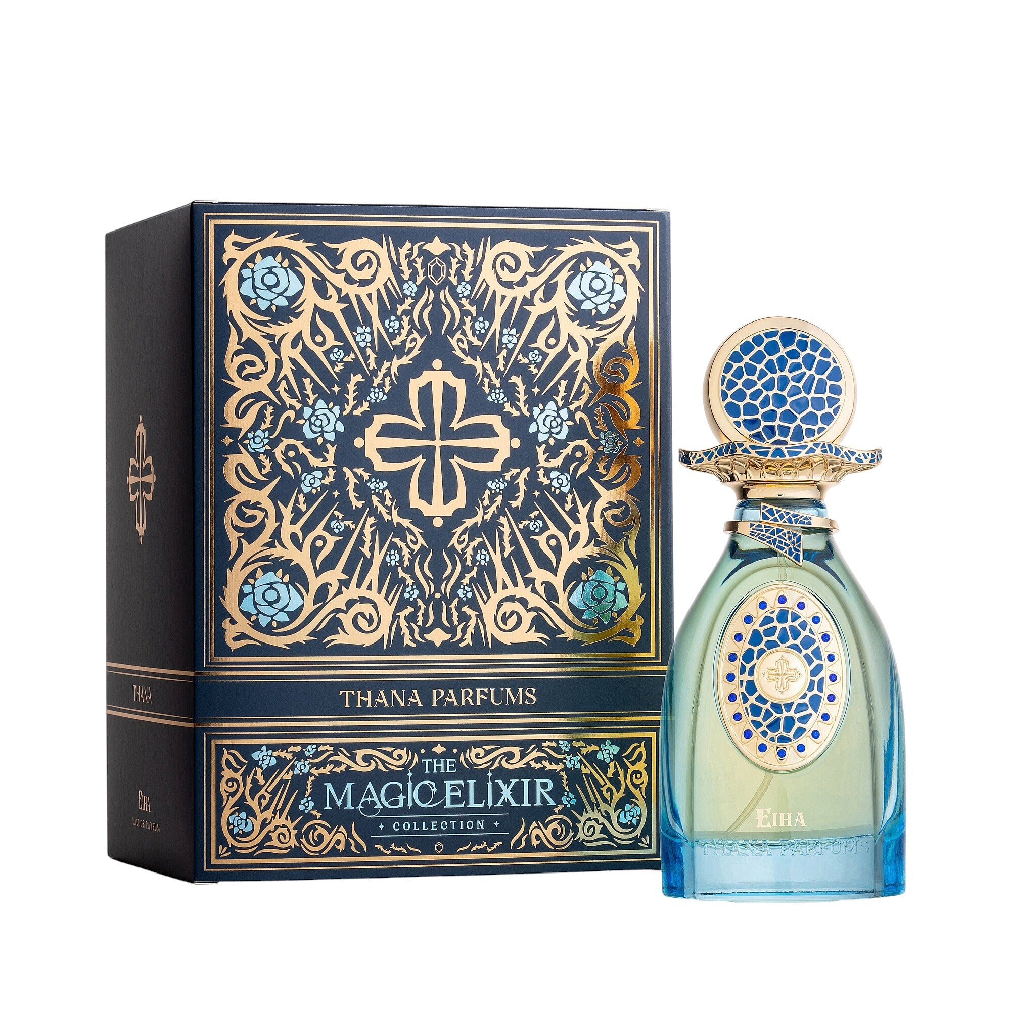 Blue liquid perfume bottle with gold-toned and blue mosaic label and cap. Dark blue box with gold-toned and light blue floral