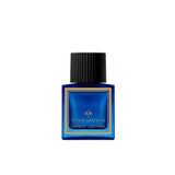 A 50ml square vibrant blue glass bottle of Thameen Regent Leather featuring gold lettering, a gold border detail, and topped with a textured black cylindrical cap.