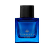 A 100ml square vibrant blue glass bottle of Thameen Rivière featuring gold lettering and topped with a textured black cylindrical cap
