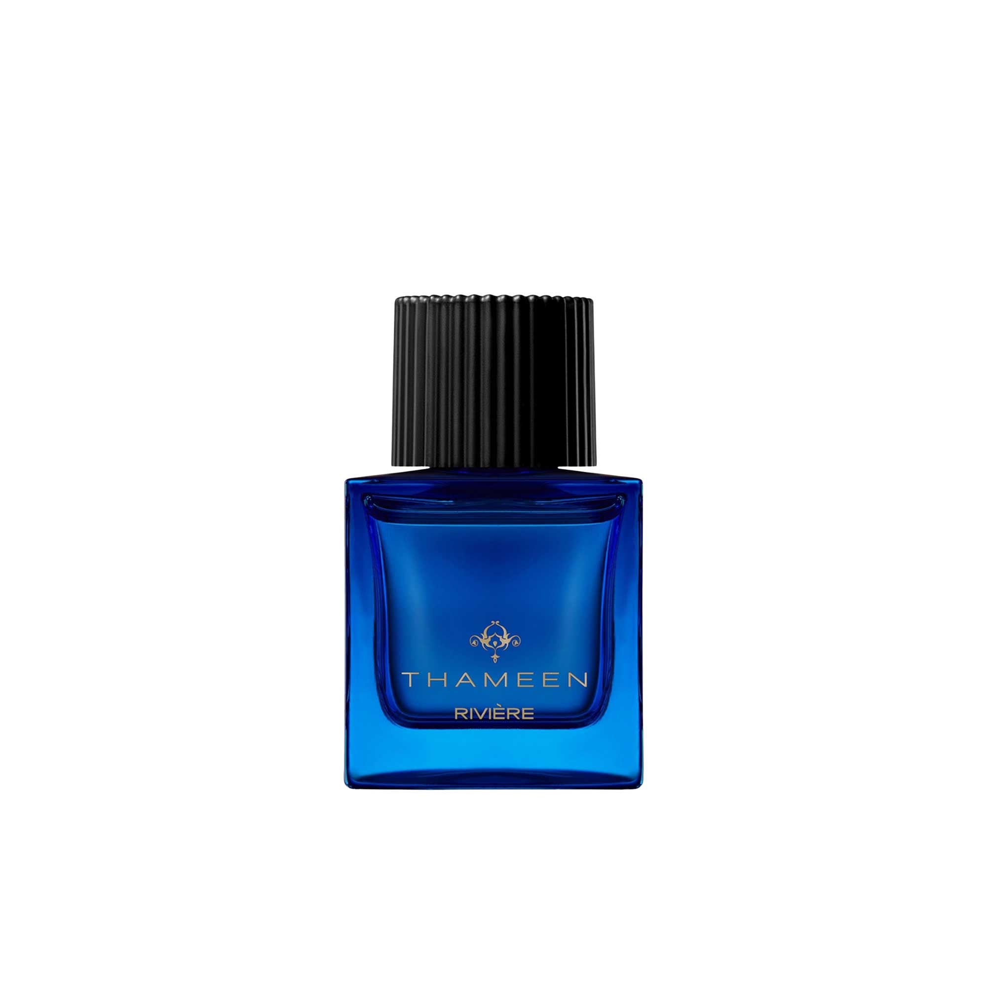 A 50ml square vibrant blue glass bottle of Thameen Rivière featuring gold lettering and topped with a textured black cylindrical cap.