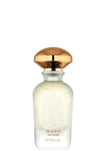 Perfume bottle with gold cap on a white background.