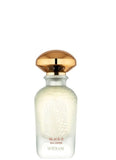 Perfume bottle with gold cap on a white background.