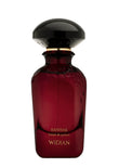 Red perfume bottle with black cap on a white background.