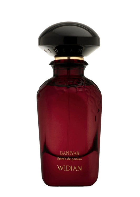 Red perfume bottle with black cap on a white background.