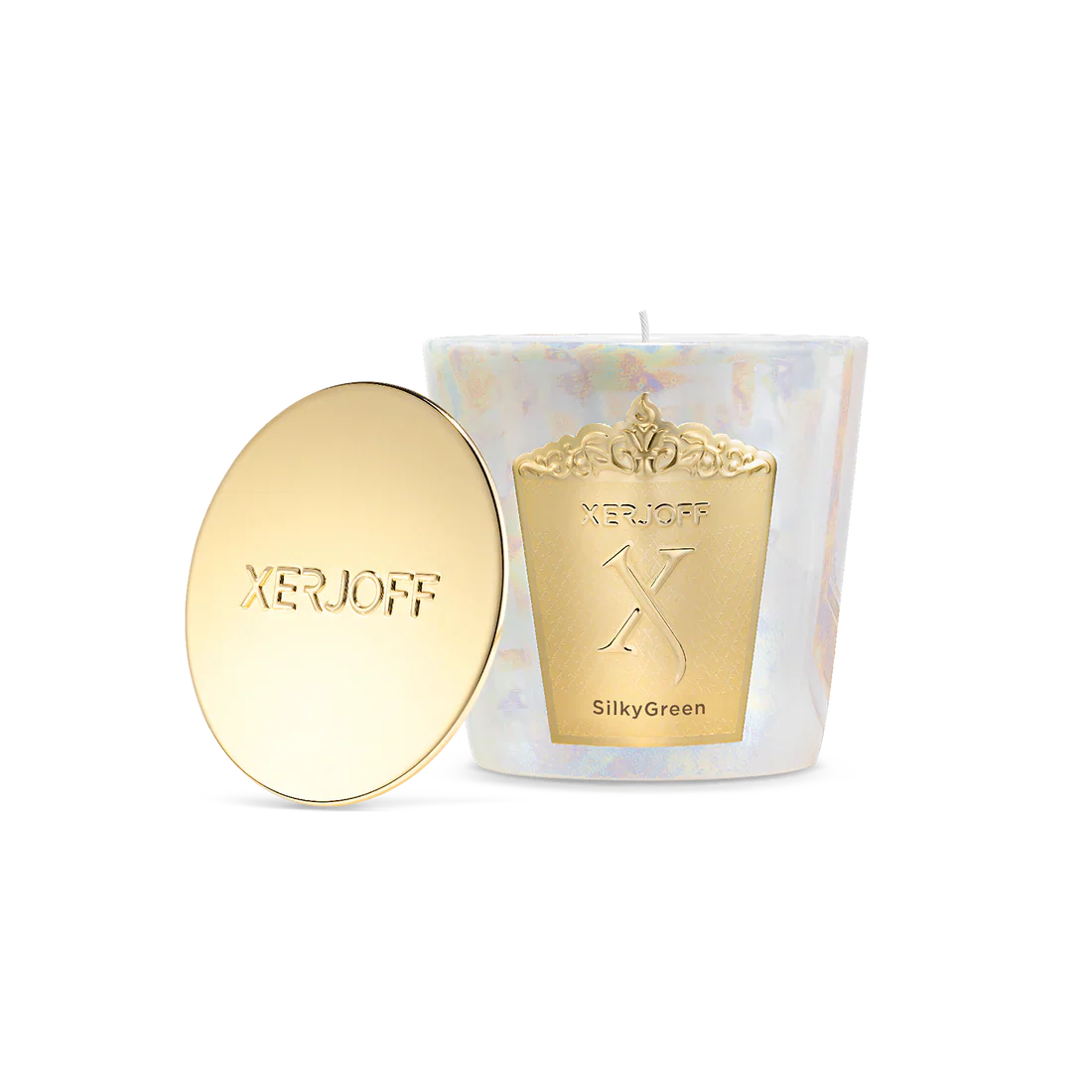 An iridescent white glass candle holder featuring a large gold decorative shield with the Xerjoff "X" logo, shown next to a polished gold lid embossed with the brand name.