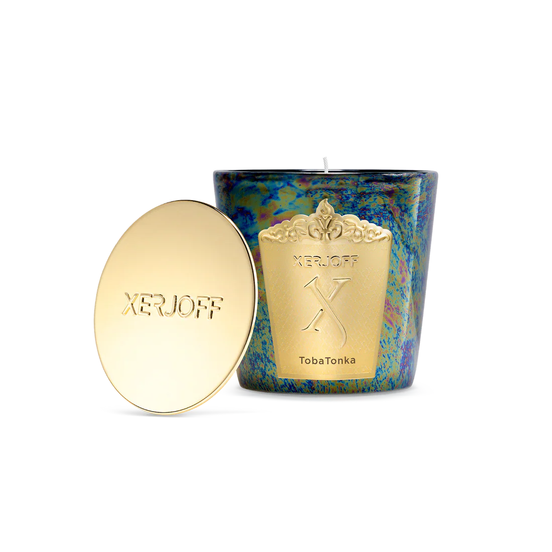A luxury TobaTonka scented candle and gold lid displayed inside a navy blue presentation box featuring a gold textured border and black velvet lining.
