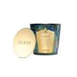 A luxury TobaTonka scented candle and gold lid displayed inside a navy blue presentation box featuring a gold textured border and black velvet lining.