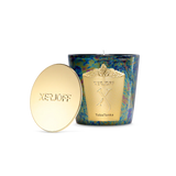 A luxury TobaTonka scented candle and gold lid displayed inside a navy blue presentation box featuring a gold textured border and black velvet lining.
