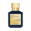 Dark blue rectangular perfume bottle with a gold-toned cap and a gold-toned label featuring "Maison Francis Kurkdjian Paris O
