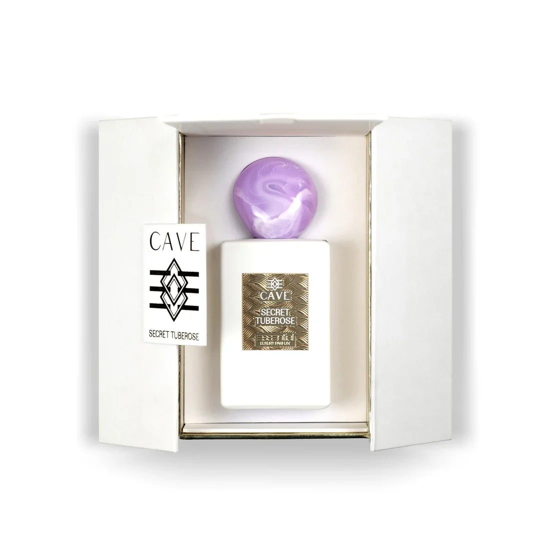 Abercrombie & Fitch Cave Essential Secret Tuberose luxury parfum bottle with white finish, gold label, and purple marbled cap.