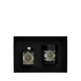 Initio Oud For Greatness - 90ml And Candle - 180gm Black bottle and jar set with decorative labels in a black box on a white background
