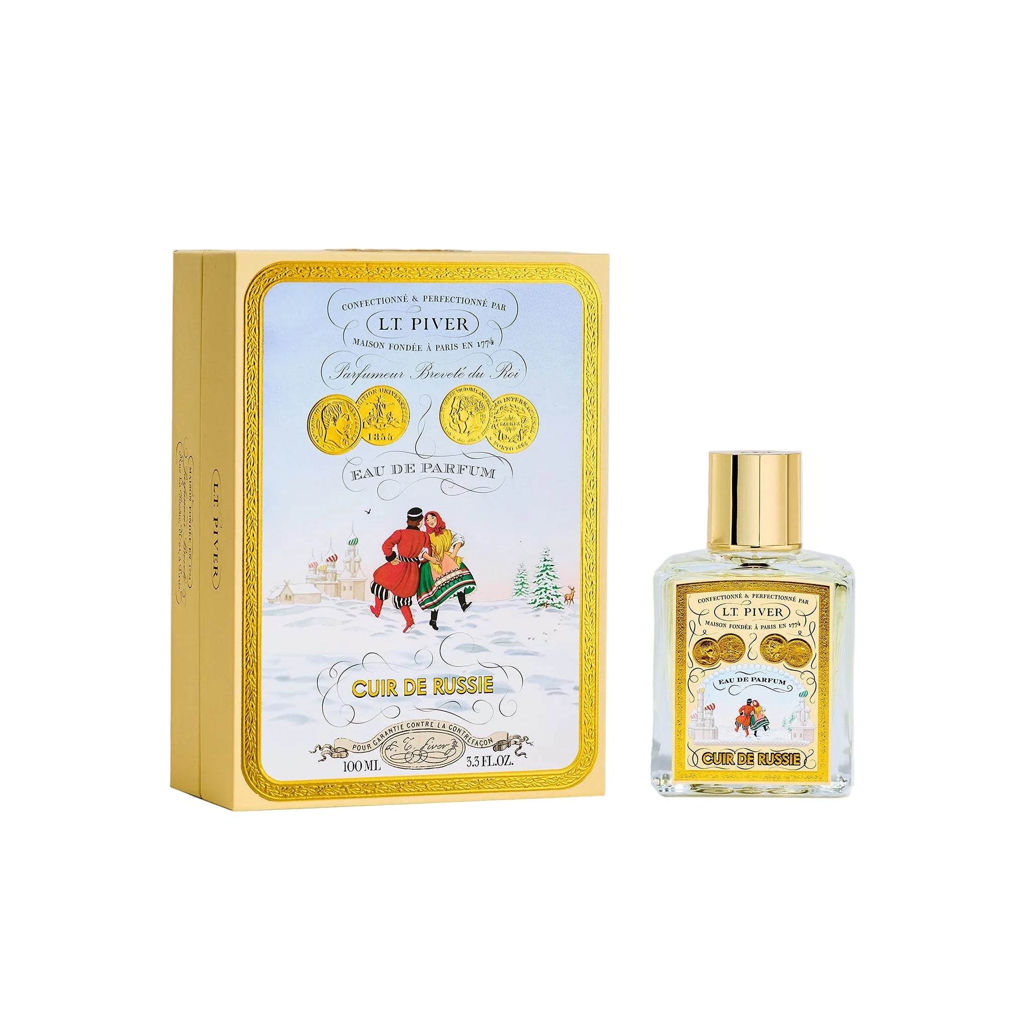 L.T. Piver Cuir de Russie Eau de Parfum 100ml bottle with gold cap displayed beside a yellow vintage-style box featuring a winter illustration and traditional Russian figures, Available for Online Purchase.