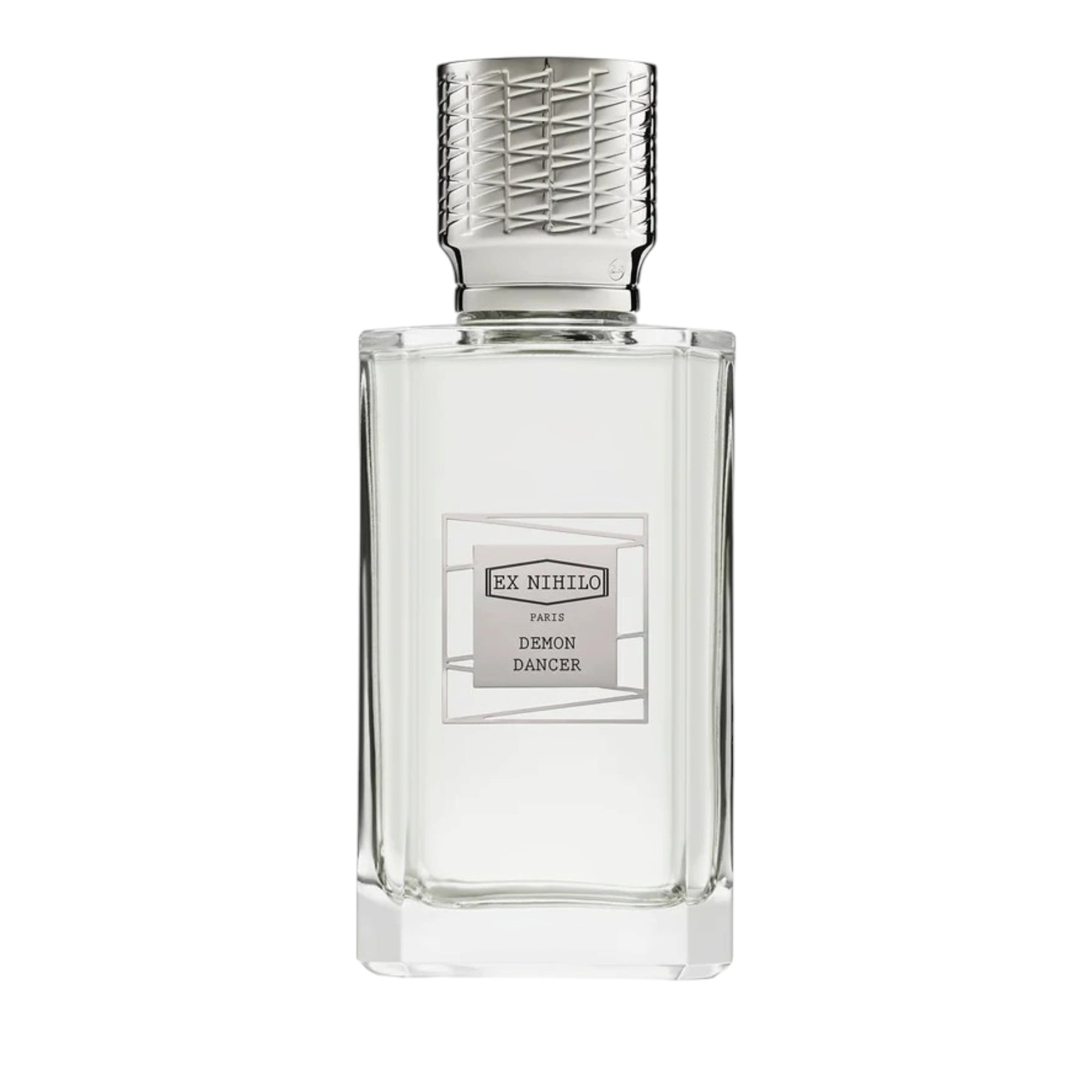 Clear rectangular glass perfume bottle with a light liquid and a silver-toned textured cap, featuring a white and grey label.