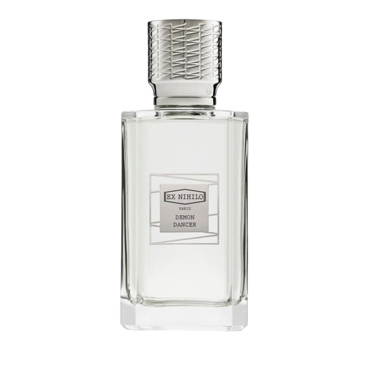 Clear rectangular glass perfume bottle with a light liquid and a silver-toned textured cap, featuring a white and grey label.