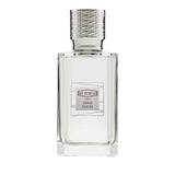 Clear rectangular glass perfume bottle with a light liquid and a silver-toned textured cap, featuring a white and grey label.